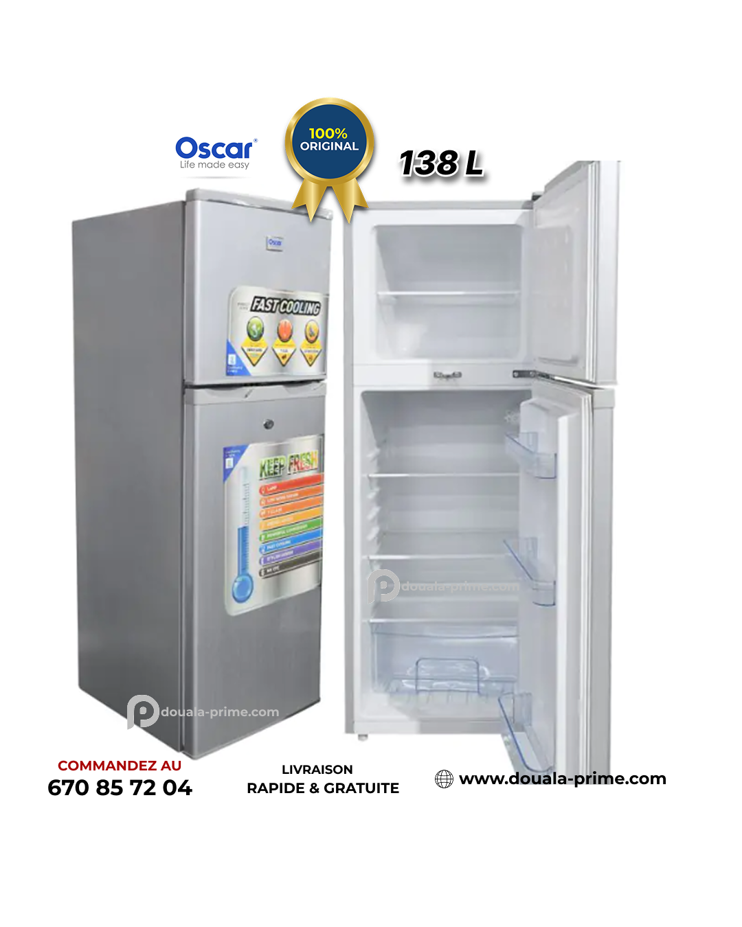REFRIGERATEUR DOUBLE BATTANT OSCAR  OSC-R165S 138L