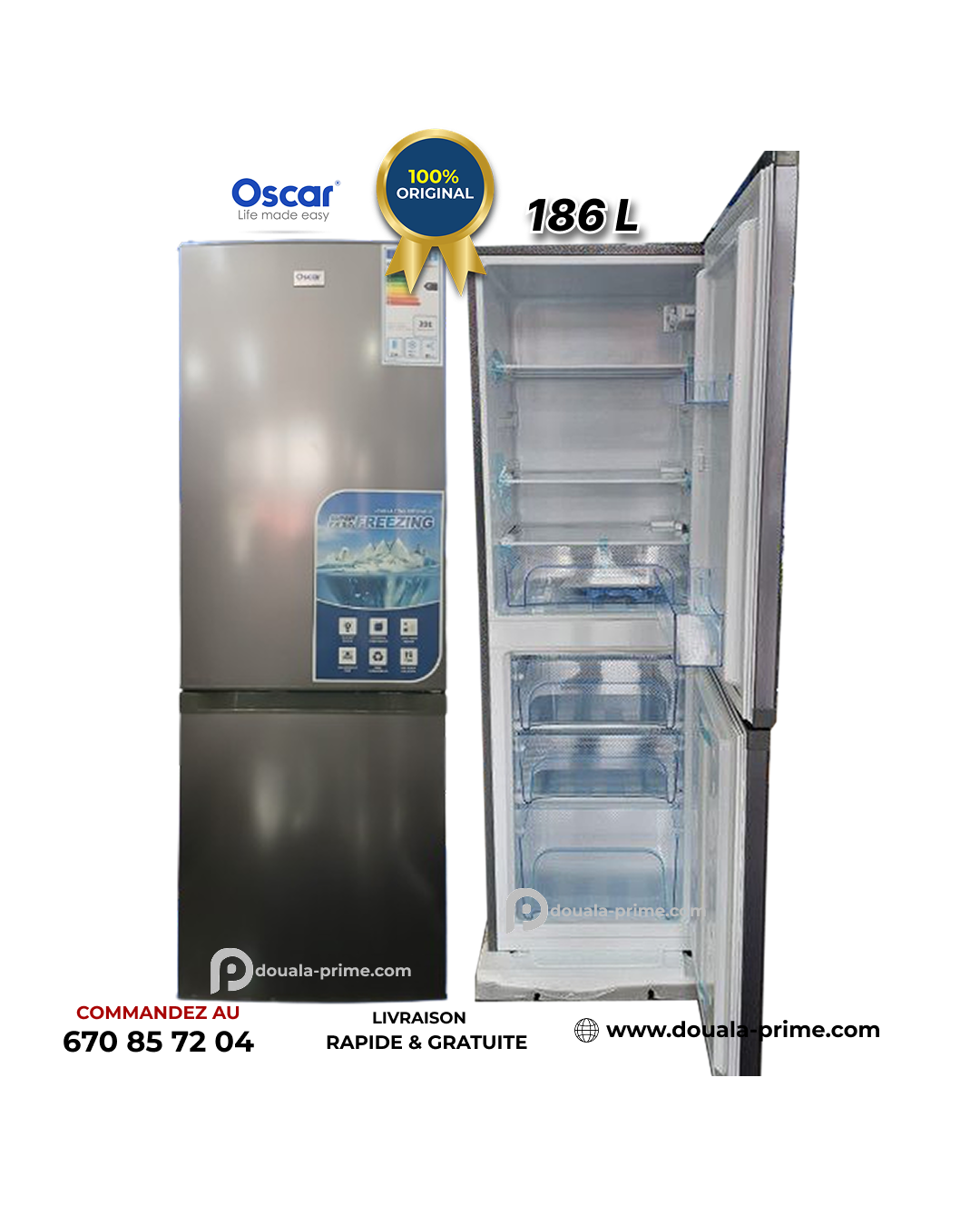 REFRIGERATEUR COMBINE OSCAR  OSC-R235S 186L