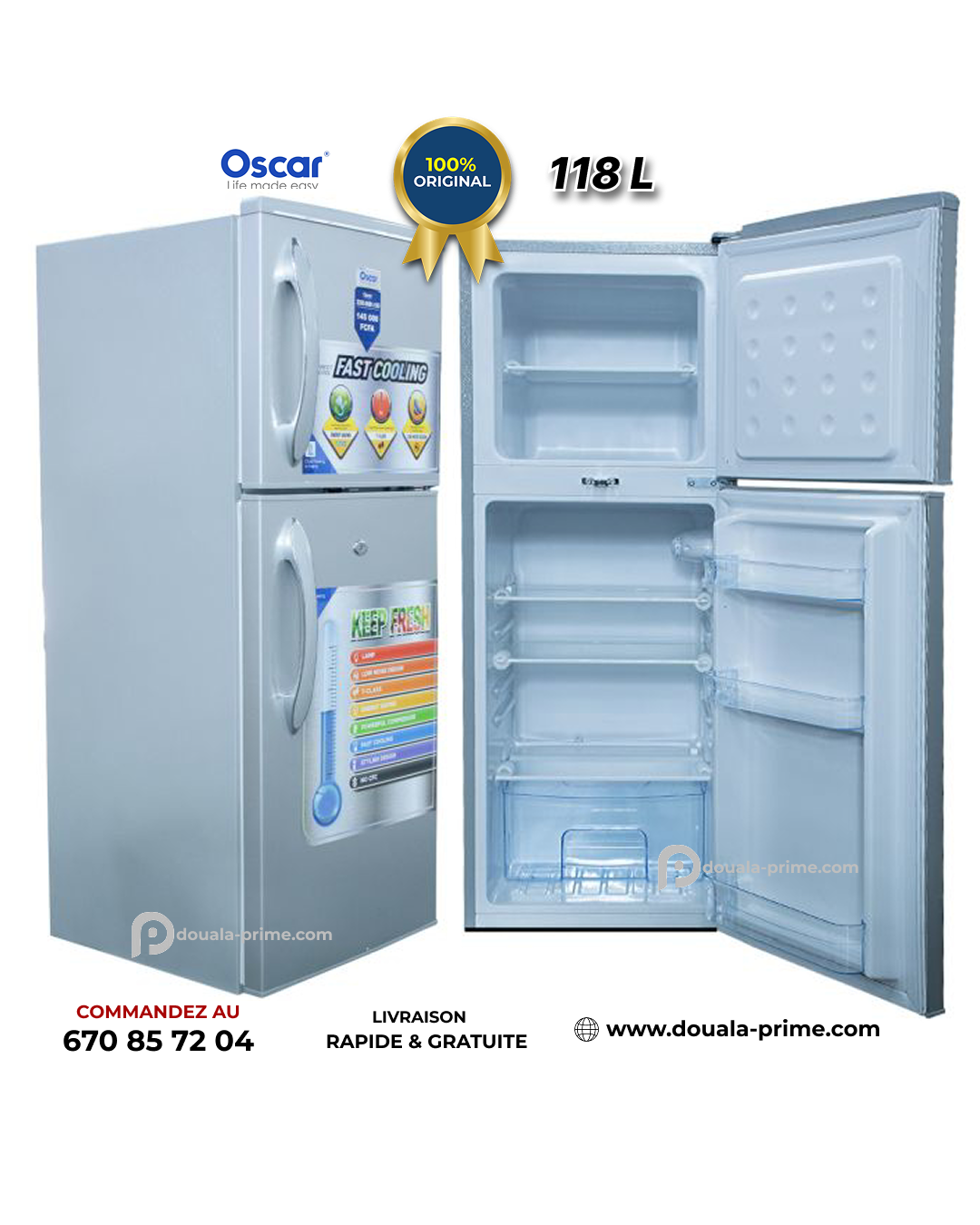 REFRIGERATEUR DOUBLE BATTANT OSCAR  OSC-R150S 118L