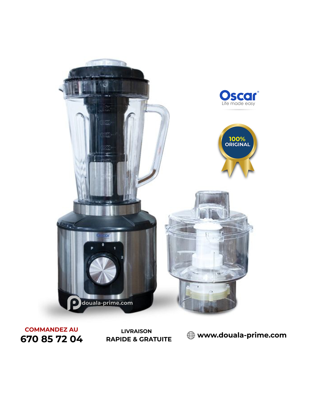 Blender - Mixeur broyeur - OSCAR - OSC-32PP-SS - 600 watts - Bol en plastique de 1,8 Litres avec 1 grand bol à hacher, 1 filtre et 2 multi-broyeurs - Argent/noir