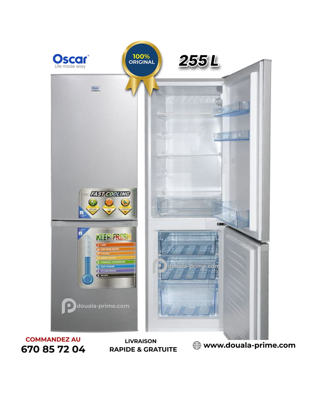 Réfrigérateur combiné Oscar OSC-R355C - 255 Litres - Classe énergétique A - 40dB - R600a - Gris
