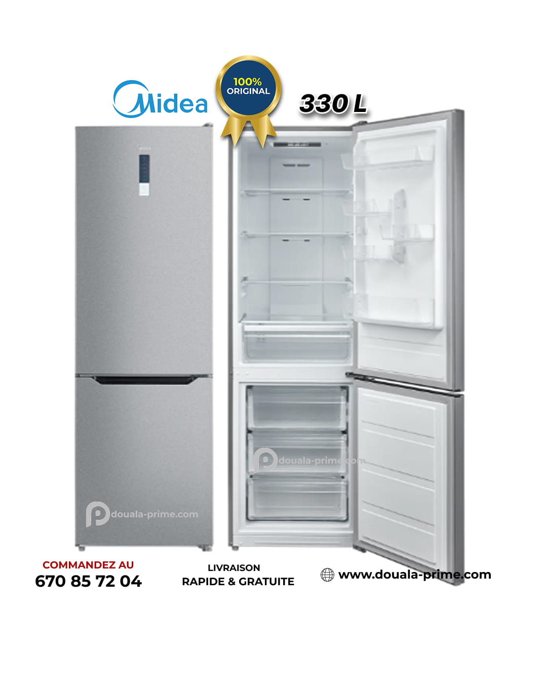 Réfrigérateur Combiné Midea MDRB424FGD02O, dégivrage automatique, commandes électroniques, 330 L,  économie d'énergie, linox