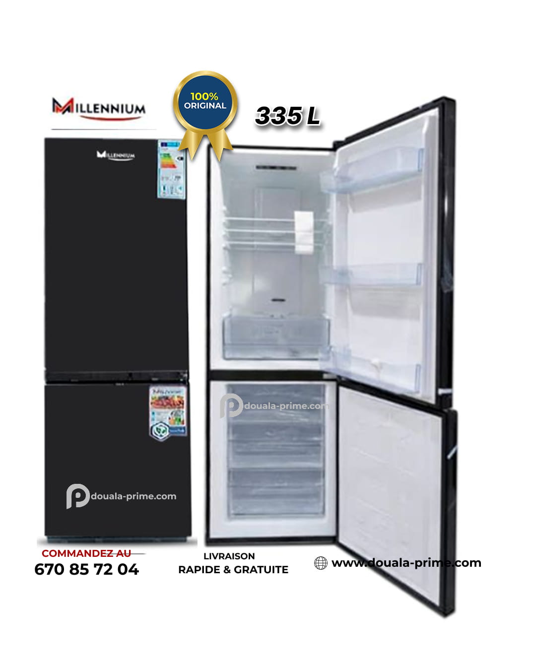 Réfrigérateur Combiné MILLENNIUM 335 L – RF-435BLC – Congélateur Bas – No Frost – A+ – Silencieux – 11h d'Autonomie – Noir