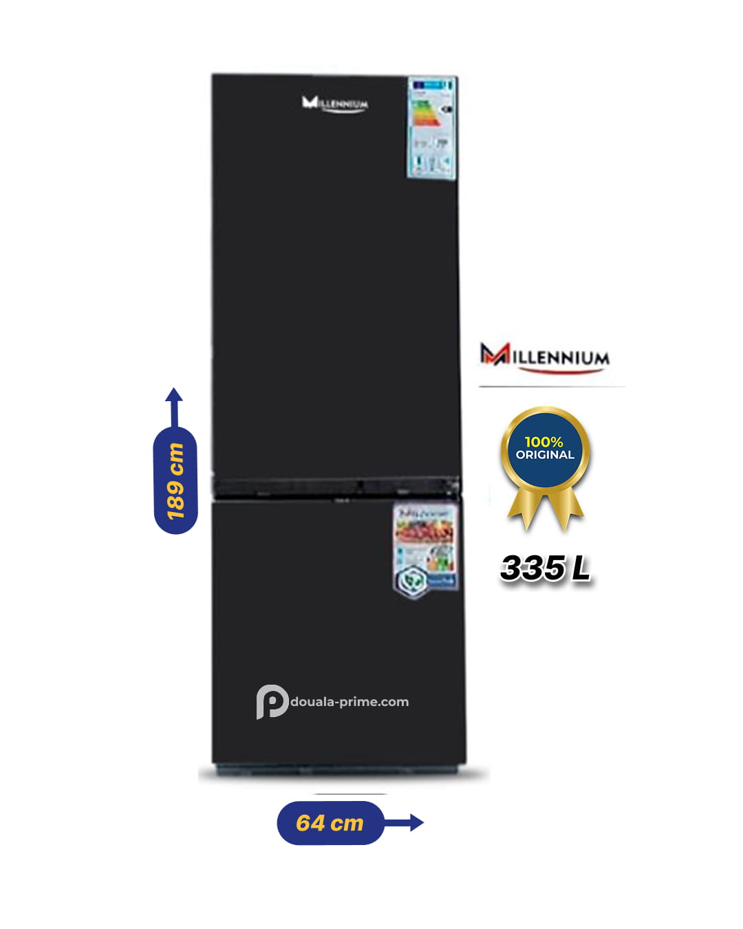 Réfrigérateur Combiné MILLENNIUM 335 L – RF-435BLC – Congélateur Bas – No Frost – A+ – Silencieux – 11h d'Autonomie – Noir