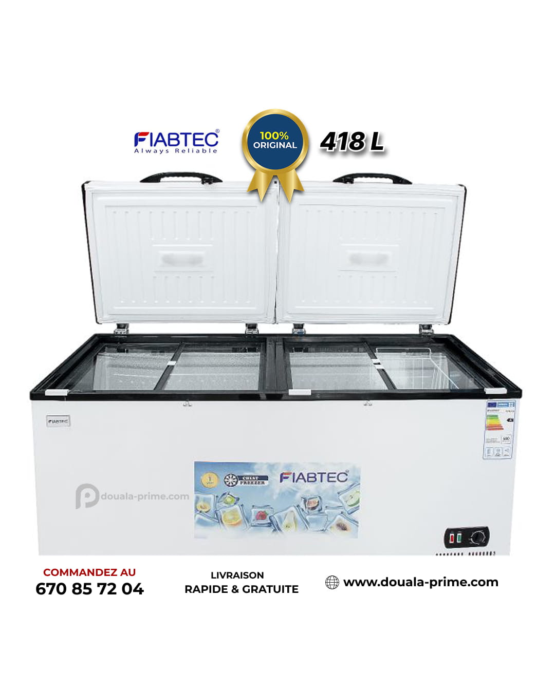 Congélateur coffre à vitres coulissantes – FIABTEC - FTCFQ-418 – 418 Litres – Classe Écologique A+ – Blanc