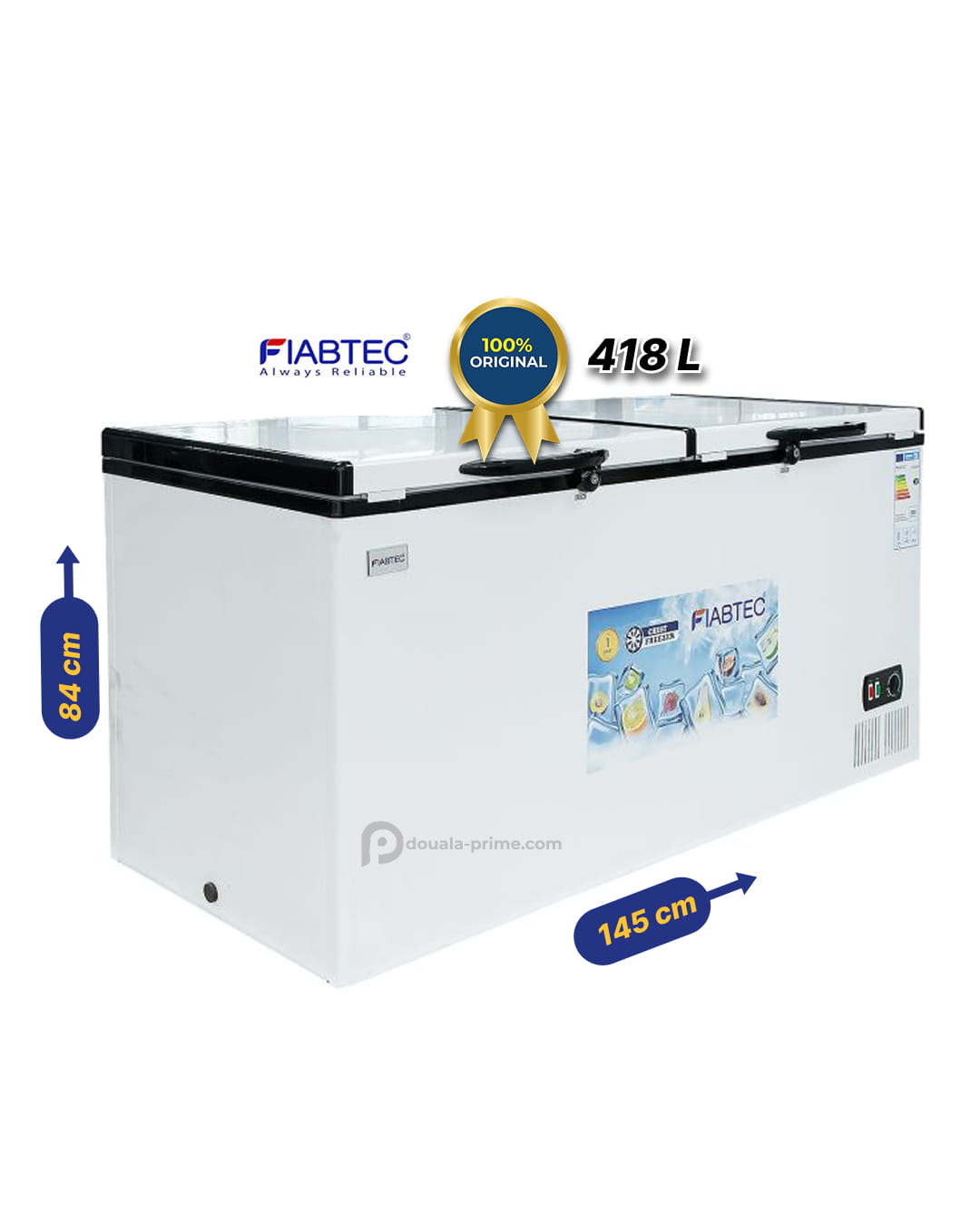 Congélateur coffre à vitres coulissantes – FIABTEC - FTCFQ-418 – 418 Litres – Classe Écologique A+ – Blanc