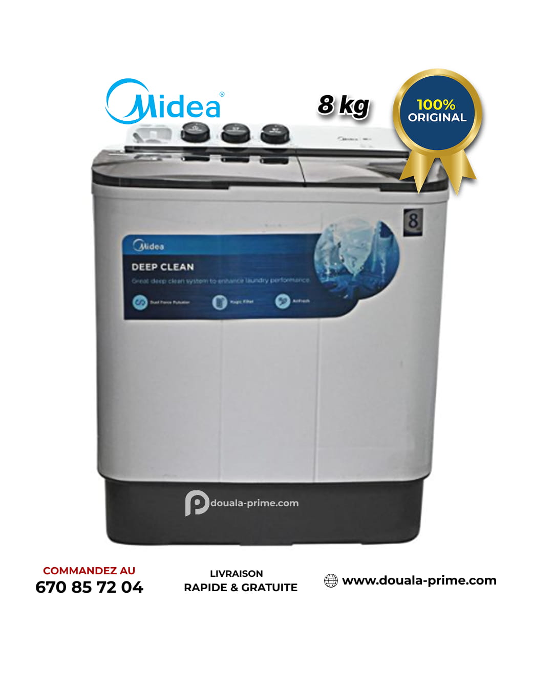 Machine à Laver Semi-Automatique 8Kg - Midea - MT100W80/WG