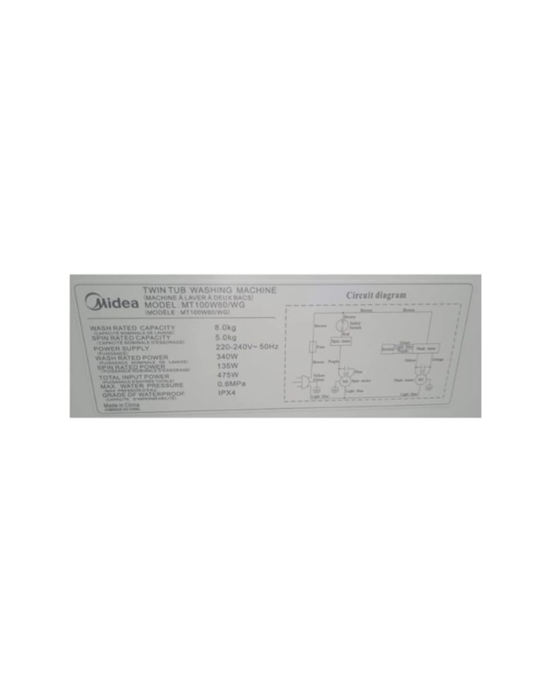 Machine à Laver Semi-Automatique 8Kg - Midea - MT100W80/WG