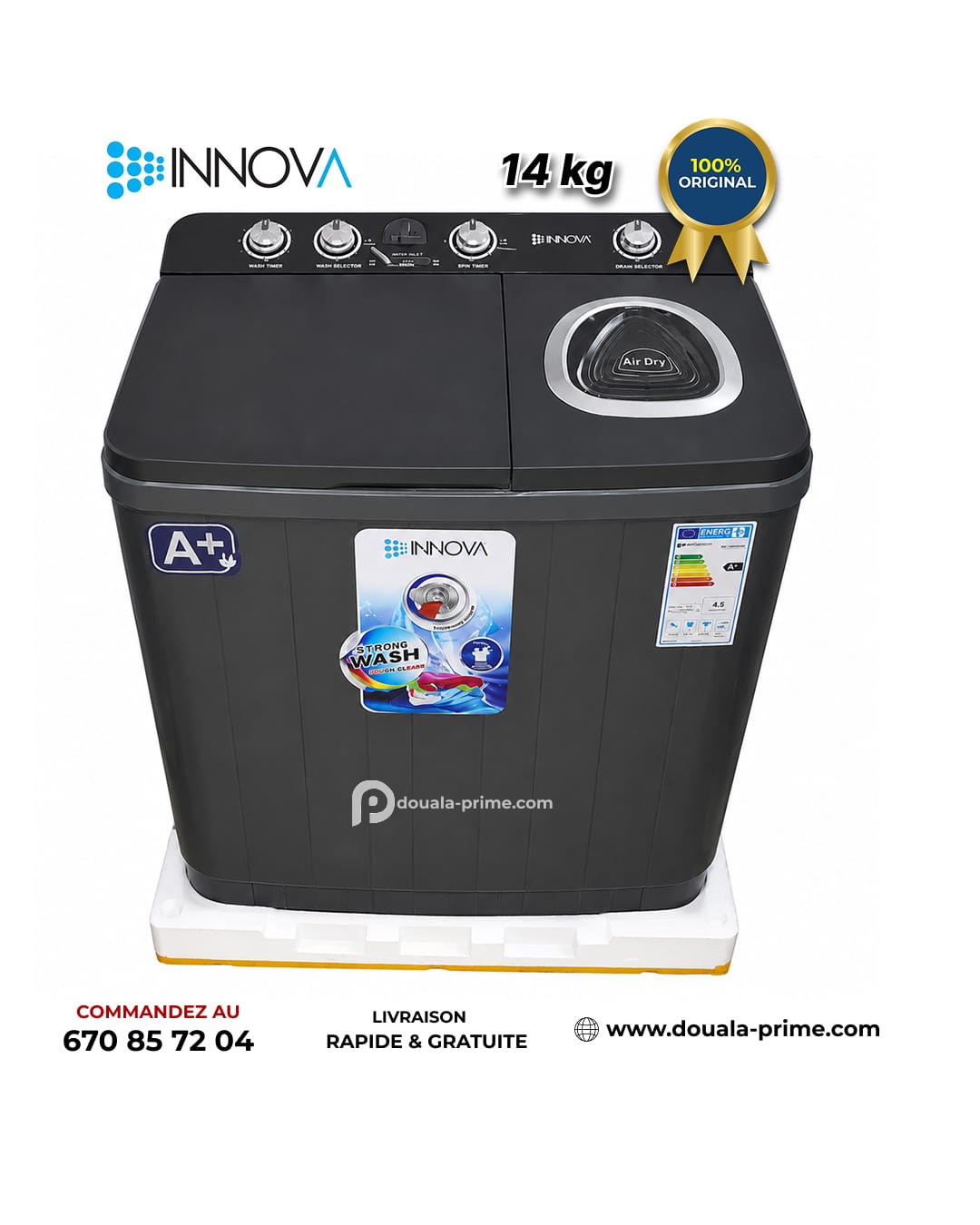 Machine à laver Semi-Automatique INNOVA 14Kg - LAVE/RINCE/ESSOR – IN-14-WM-KE - Noir