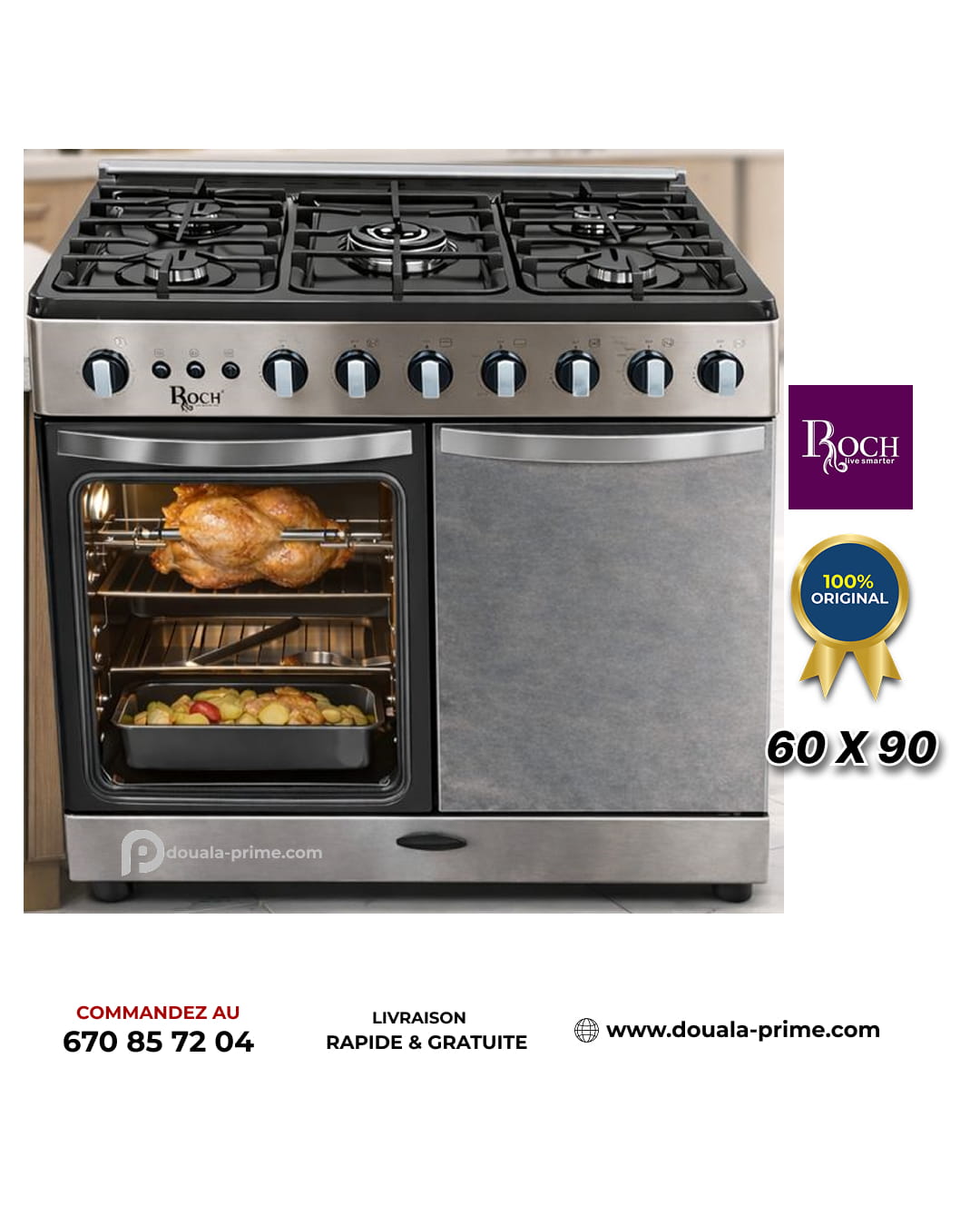 Cuisinière 5 feux Roch à allumage électrique - 60 x 90 - Minuterie - Argent