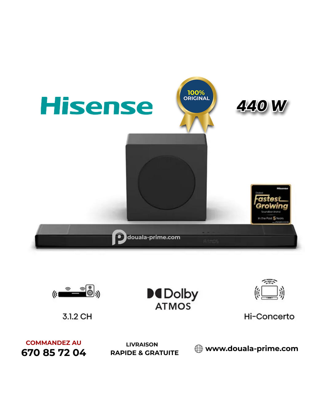 Barre de son HISENSE AX3120Q Dolby Atmos |440W | 3.1.2CH 3.1.2CH