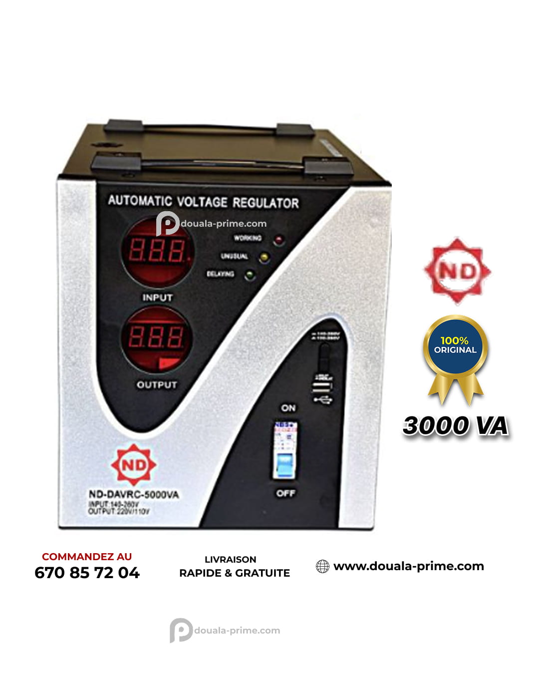 Régulateur de tension numérique - N.D.E 9 ND-DAVRC - 220/110V - 3000W - Noir