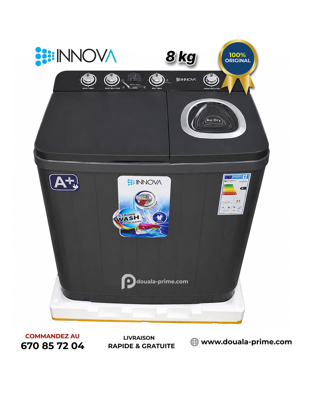 Machine à laver Semi-Automatique INNOVA 8Kg - LAVE/RINCE/ESSOR – IN-08-WM-KE - Noir