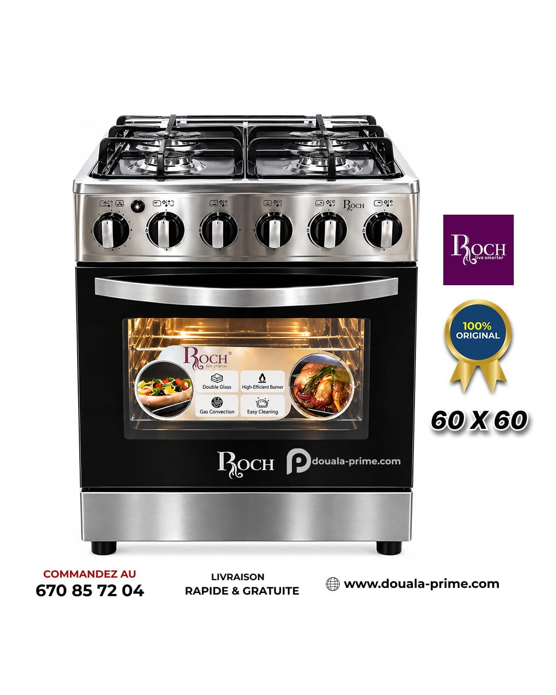 Cuisinière à Gaz 4 Feux - ROCH - 60 x 60 - Automatique - RGC-60G4-G - Gris