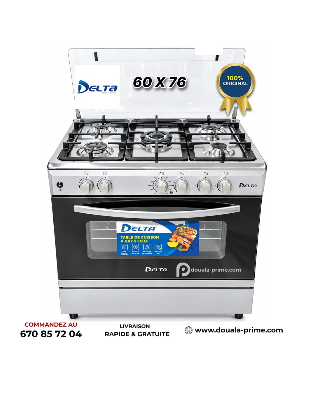 Cuisiniere 5 Foyers Delta - 105L - 60x76cm - Grand Four - Automatique - DSO-XD-7650-SL